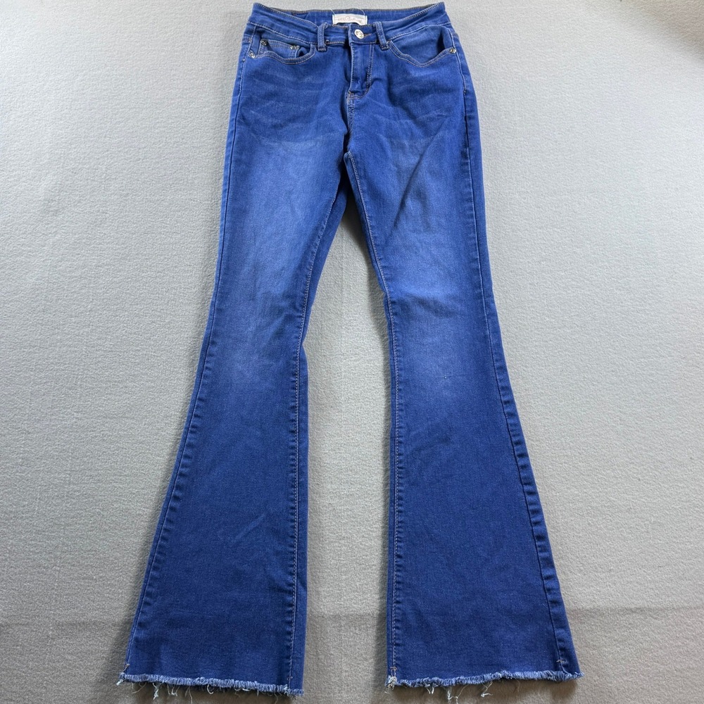 Red Bottoms Jeans Women 5/27 Blue Flare Raw Hem Stretch 25x31